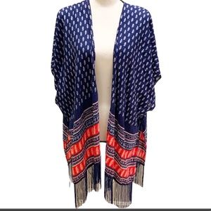 Red, White, & Blue Fringed Open Kimono One Size